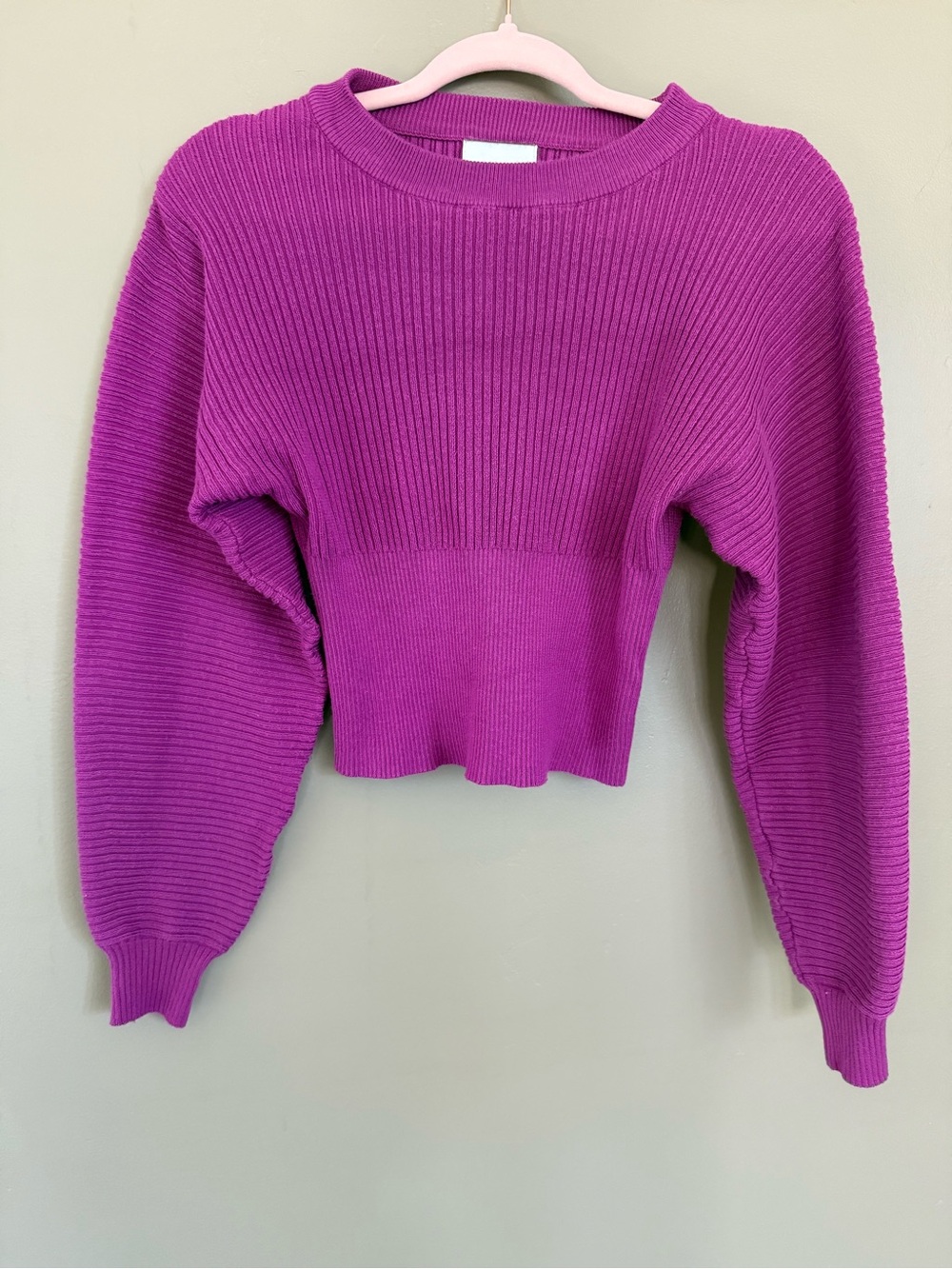 Pink Rose Ribbed Cropped Crewneck Sweater in Magenta